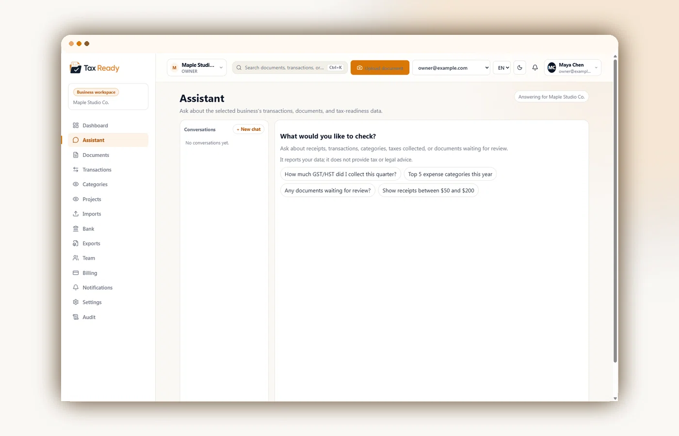 AI assistant with suggested questions and a scope note