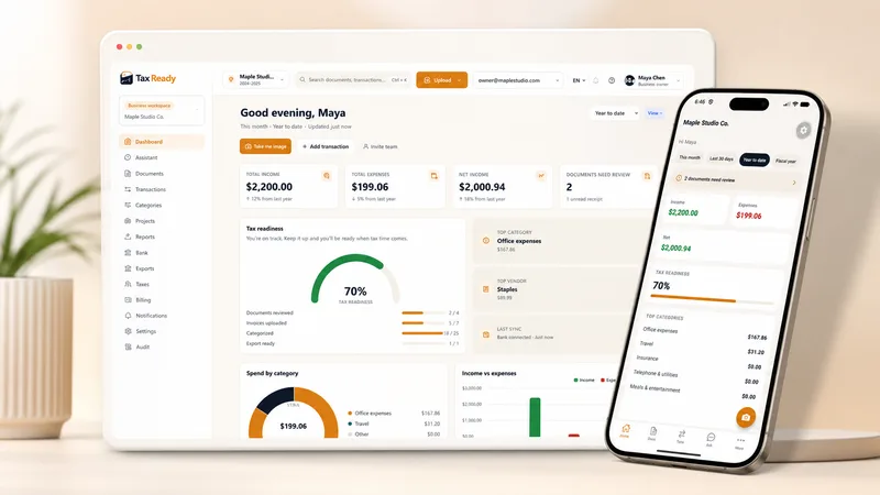 NextiaTax dashboard on tablet and phone showing income, expenses, GST/HST and tax readiness