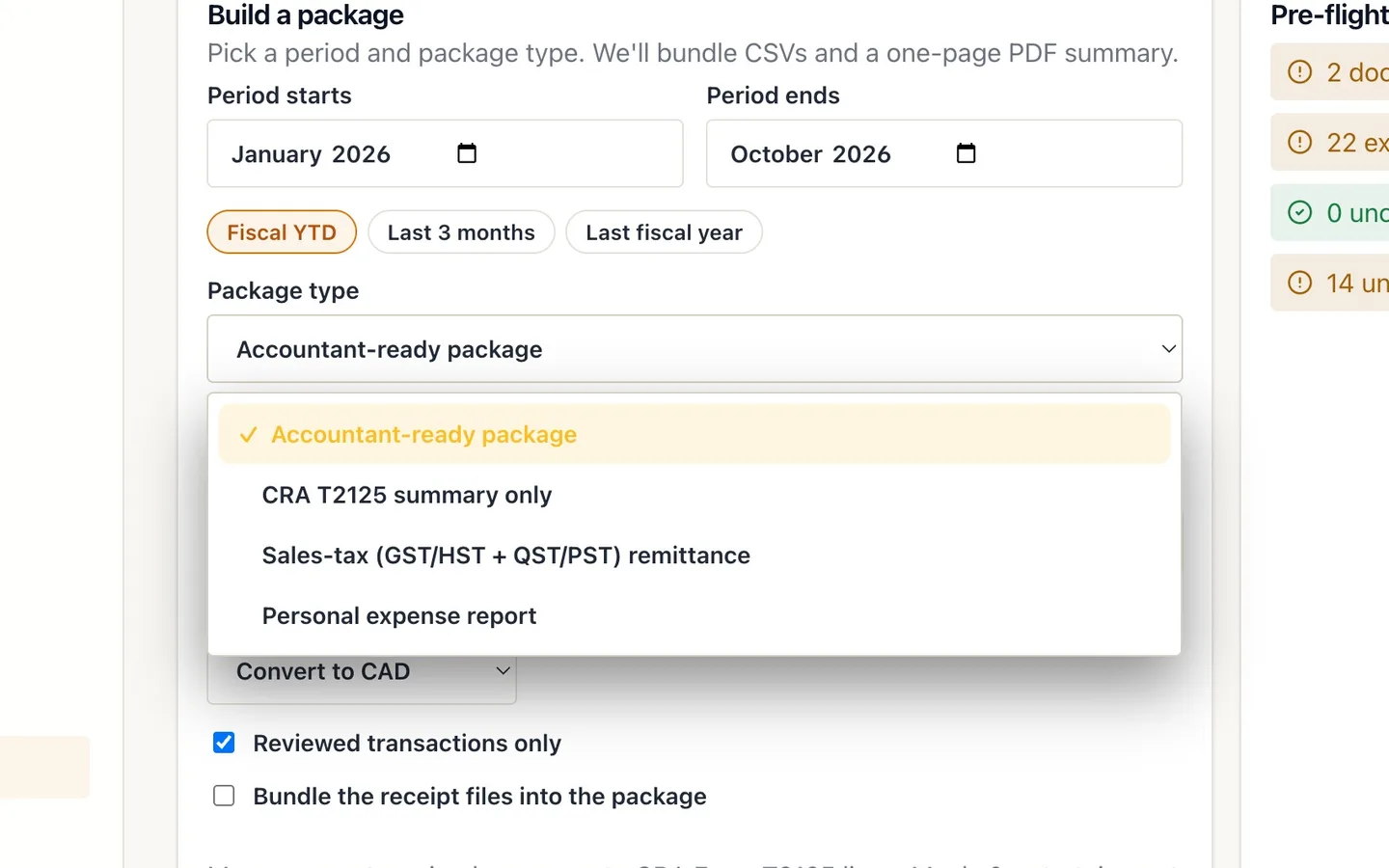 Step 3: Open Package type and choose Accountant-ready package.