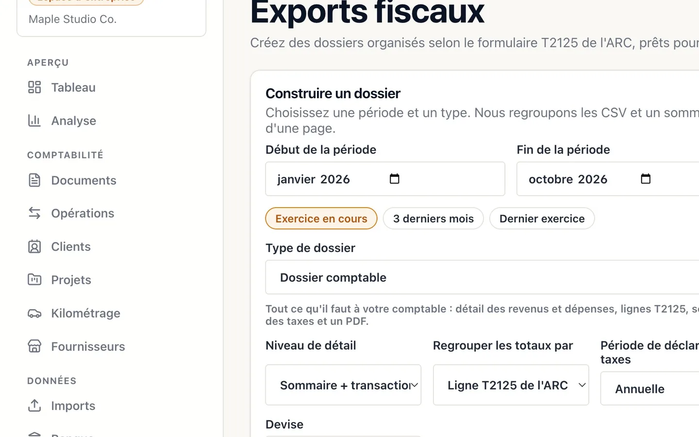 Step 2: Choisissez la période : sélectionnez Exercice en cours.