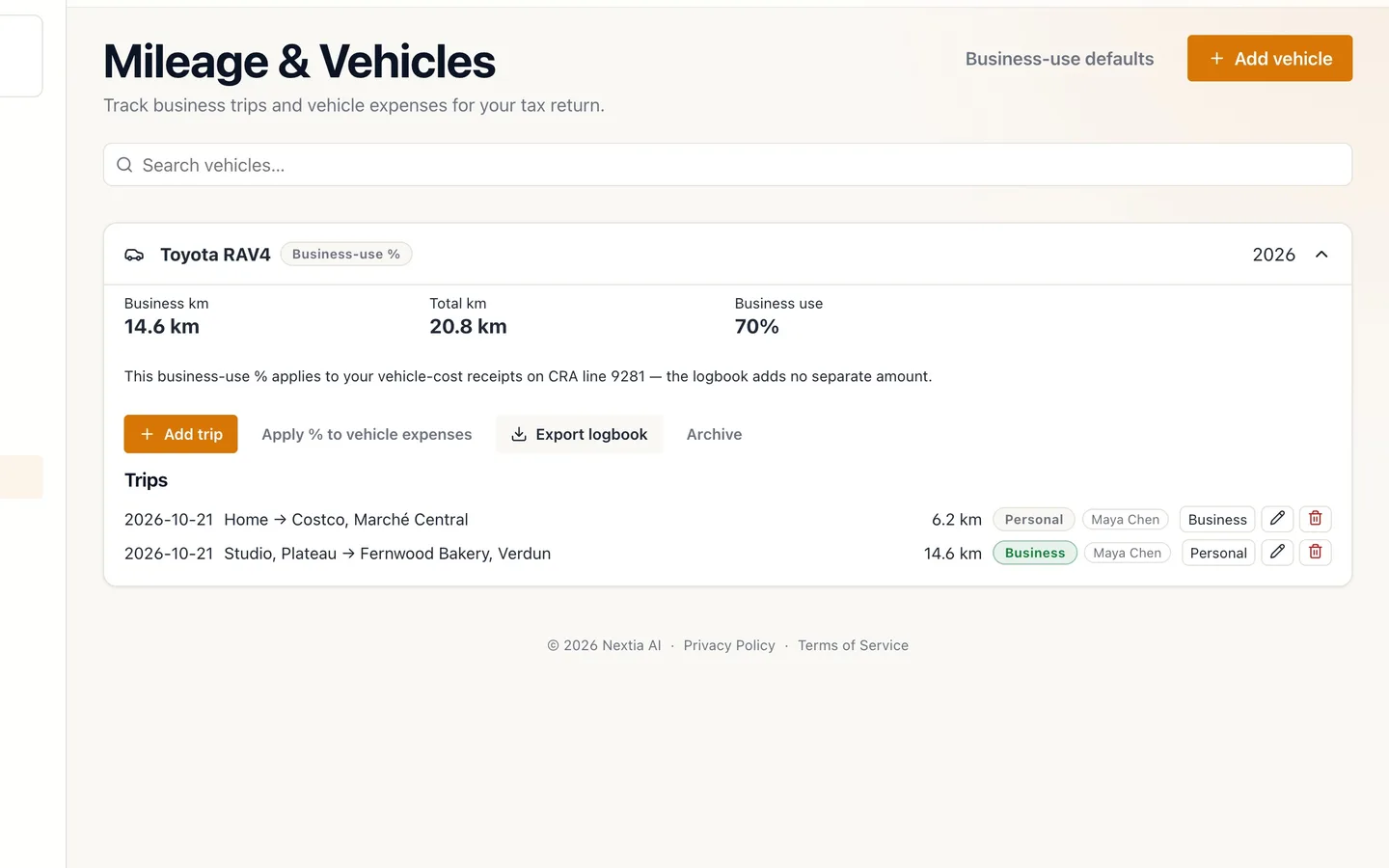 Step 9: Select Apply % to vehicle expenses.
