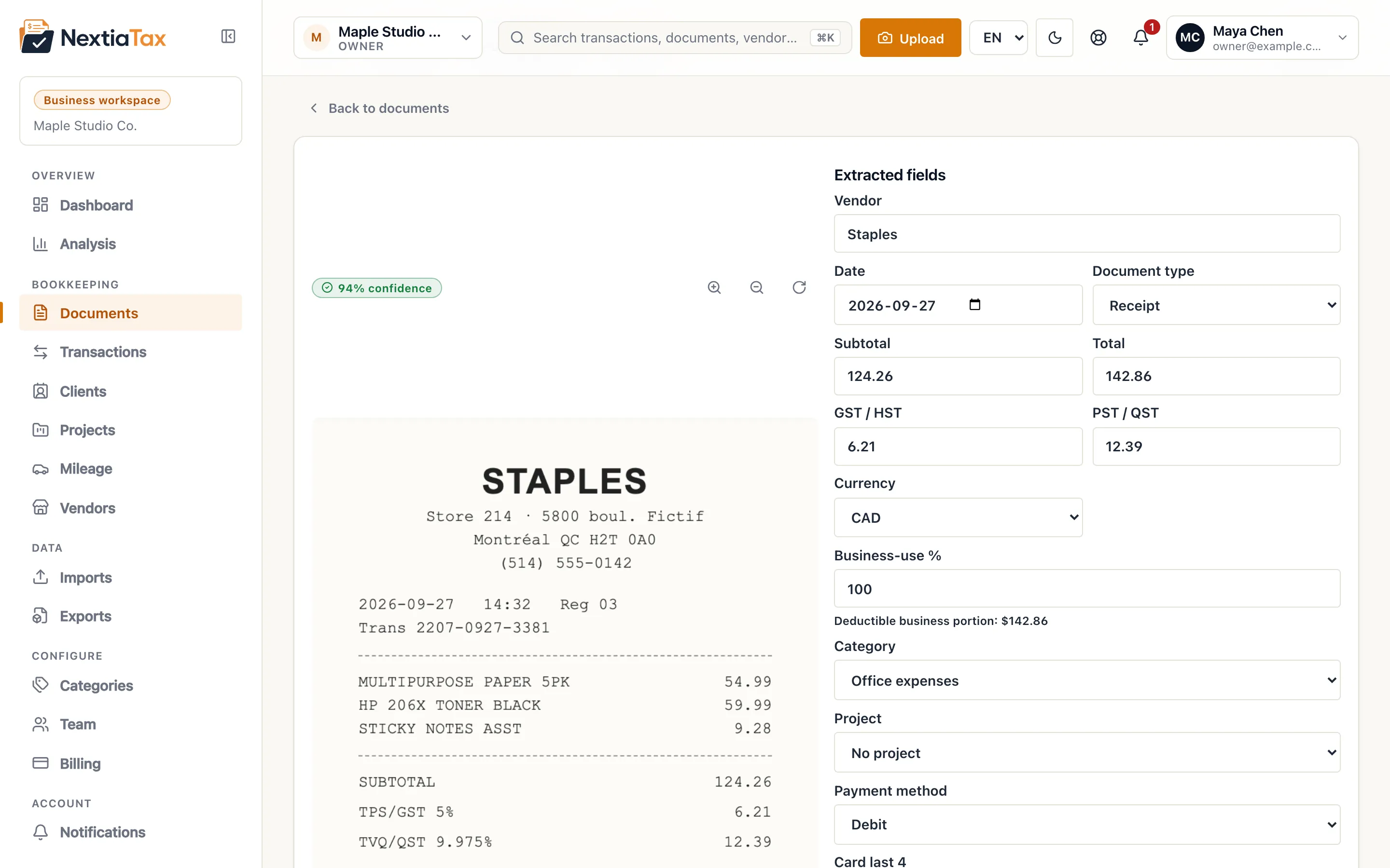 Document review panel with extracted fields and a confidence indicator