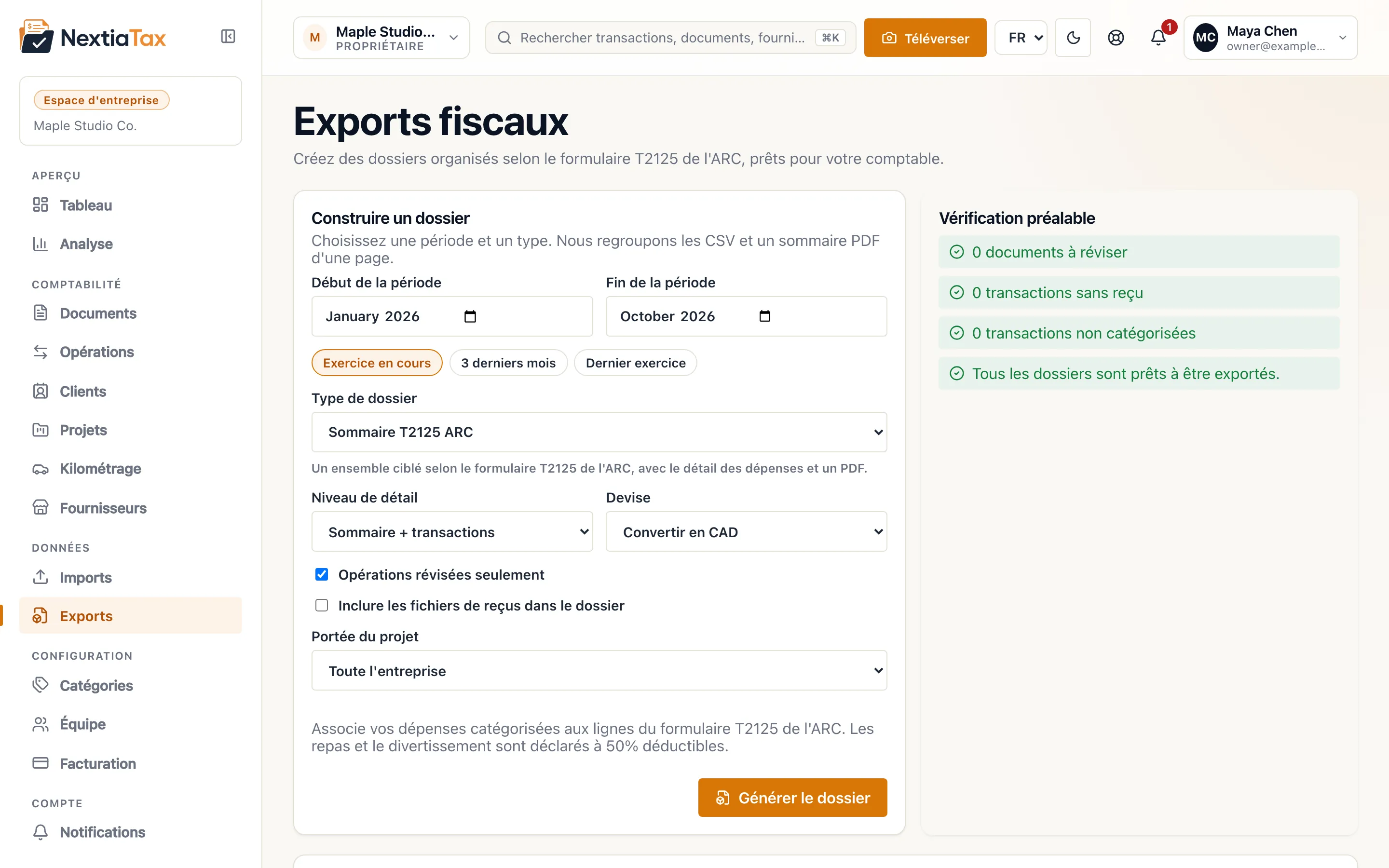 Générateur d’export fiscal produisant un dossier comptable T2125 pour l’ARC