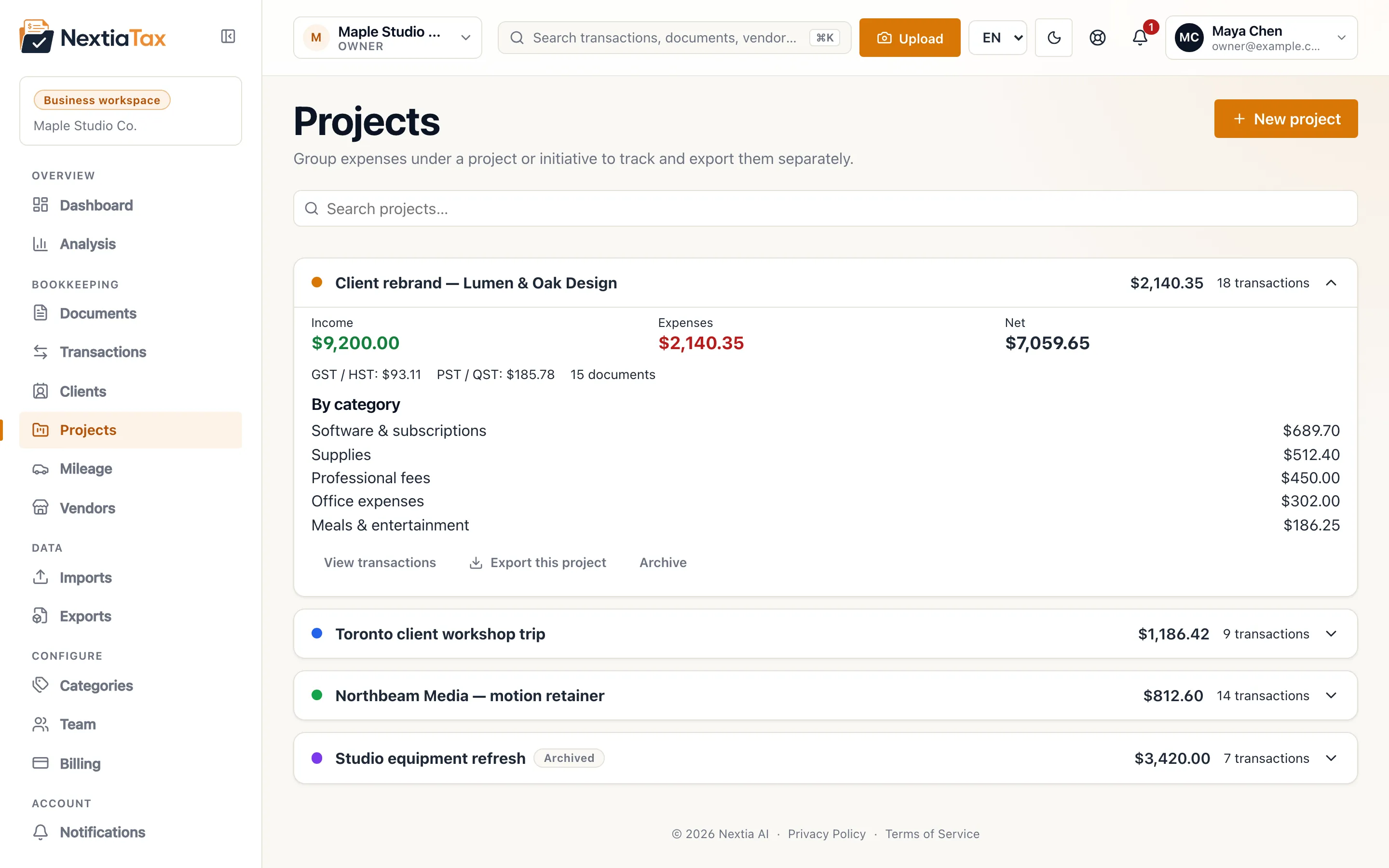Projects screen showing one project with its own income, expenses, taxes and category breakdown