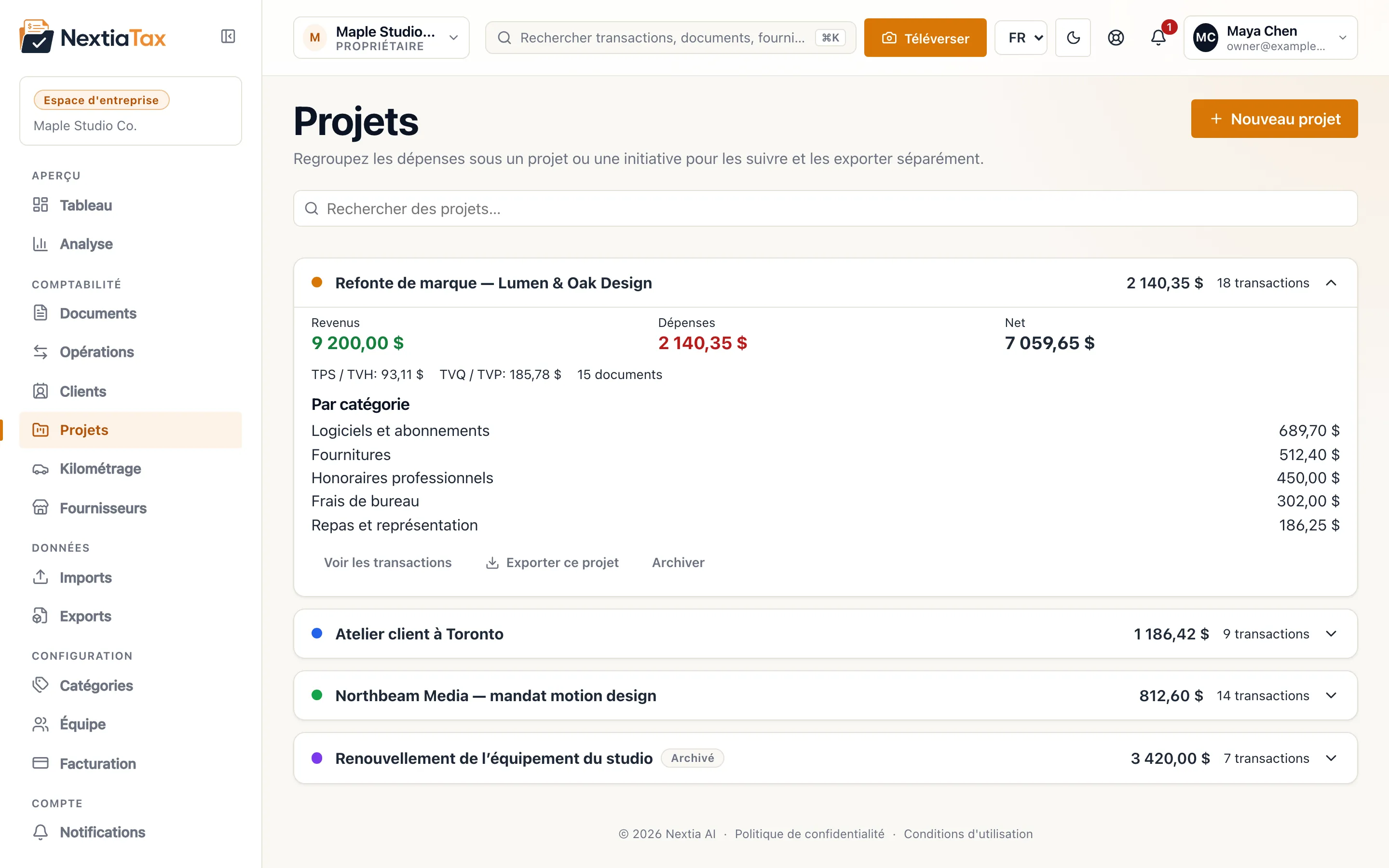 Écran Projets montrant un projet avec ses propres revenus, dépenses, taxes et répartition par catégorie